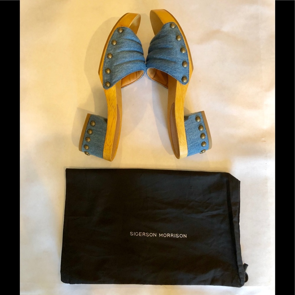 Sigerson Morrison Denim Wood Sandals Sz7.5 NEW⚡️ - Picture 4 of 6